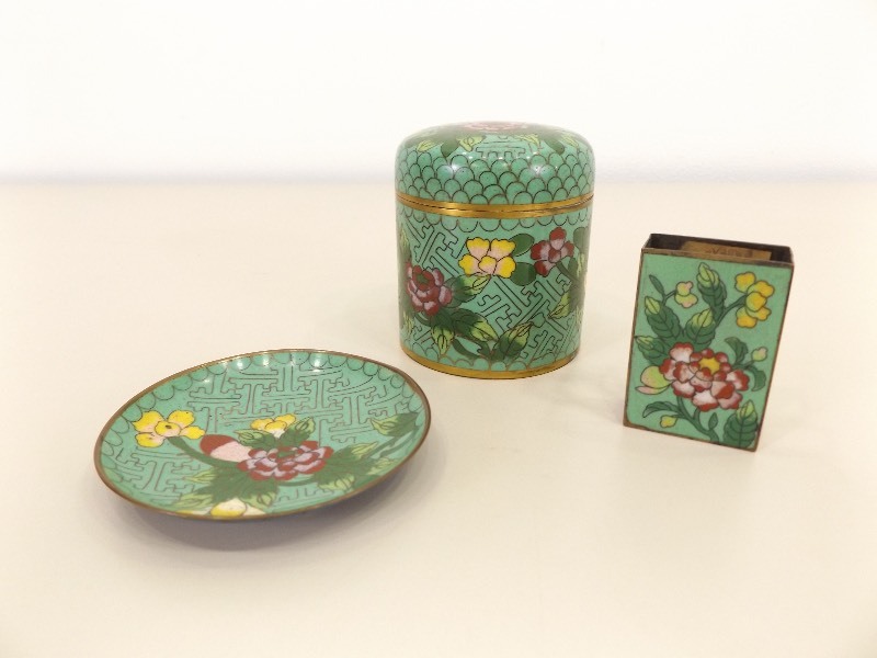 Vintage Cloisonne Set of 3 Lotus Flower Design