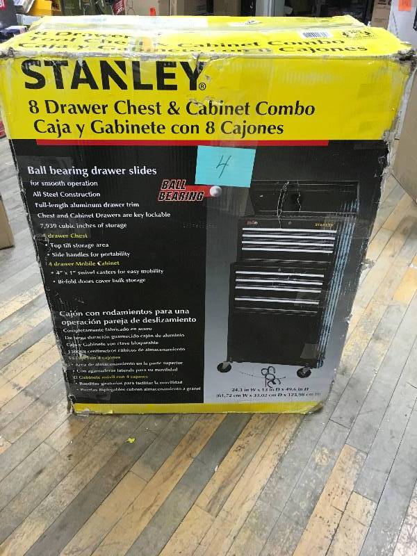 lot 4 image: Stanley 8 Drawer Chest & Cabinet Combo open box not used slight damage
