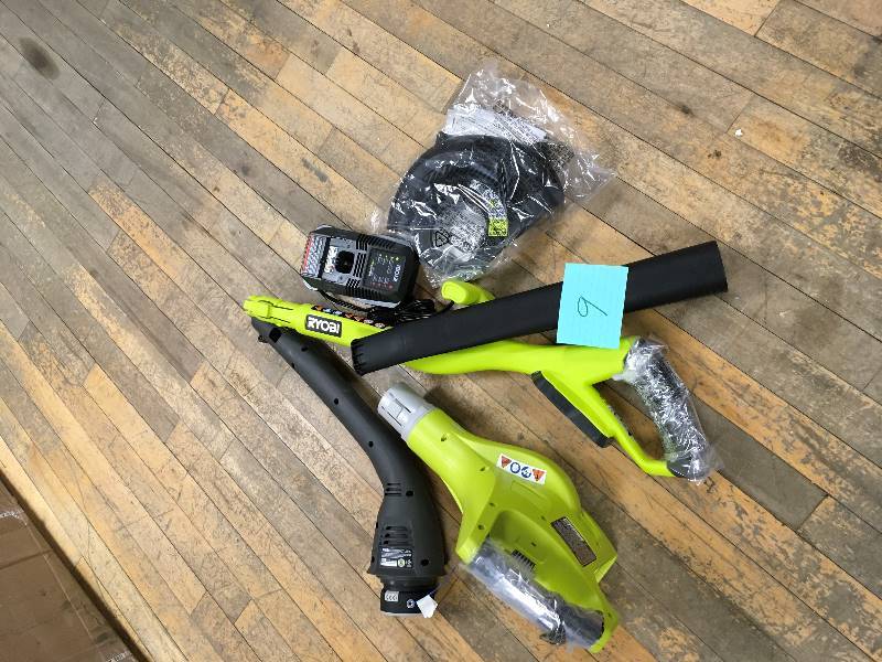 lot 9 image: Ryobi 18-Volt Lithium-Ion Cordless String TrimmerEdger and BlowerSweeper Combo kit-2.6Ah Battery and Charger Included open box not used