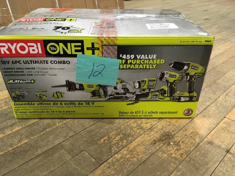 lot 12 image: Ryobi ONE 18 Volt Lithium-Ion 6 Piece Ultimate Combo Kit open box not used