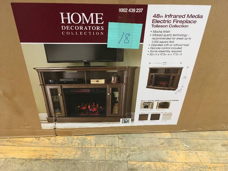 lot 18 image: Home Decorators Collection Tolleson Collection  48in. Infared Electric Fireplace in Mocha Finish open box not used