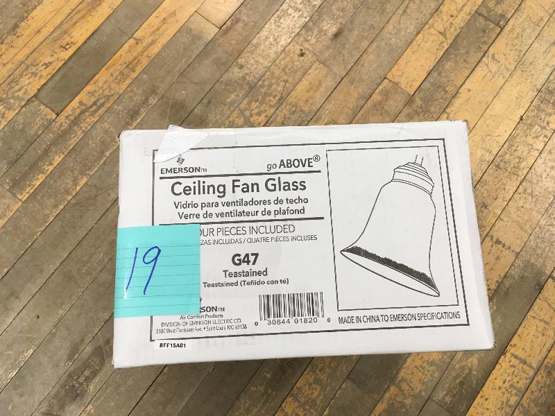 lot 19 image: Emerson Tea Stained Ceiling Fan Glass (4) open box not used