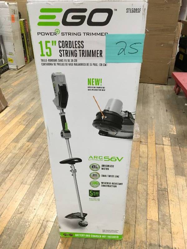 lot 25 image: EGO 15 in. 56-Volt Lithium-Ion Electric Cordless String Trimmer with Rapid Reload Head , Battery and Charger Included open box not used