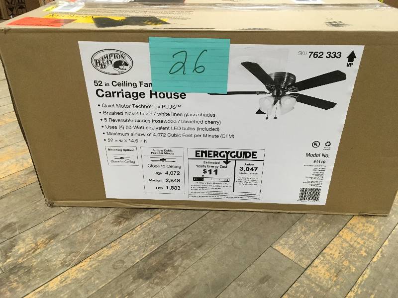 lot 26 image: Hampton Bay Carriage House 52 in. Ceiling Fan in Brushed Nickel Finish  White Linen Glass Shades with Quiet Motor Tecnology open box not used
