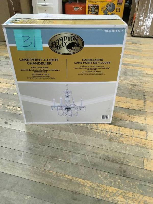 lot 31 image: Hampton Bay Lake Point 4-Light Chandelier in Clear Glass Finish open box not used