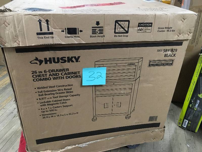 lot 32 image: Husky26 in. 6 Drawer Chest and Cabinet with Doors in Black open box not used