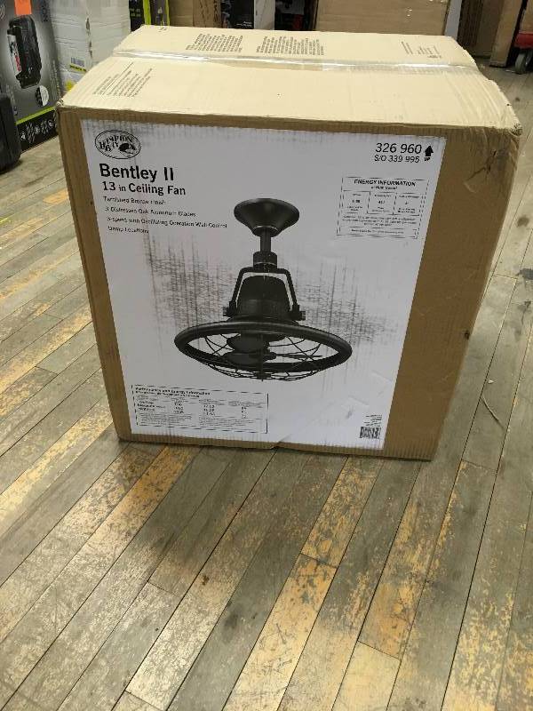 lot 43 image: Hampton Bay Bentley II 13 in. Ceiling Fan in Tarnished Bronze  open box not used
