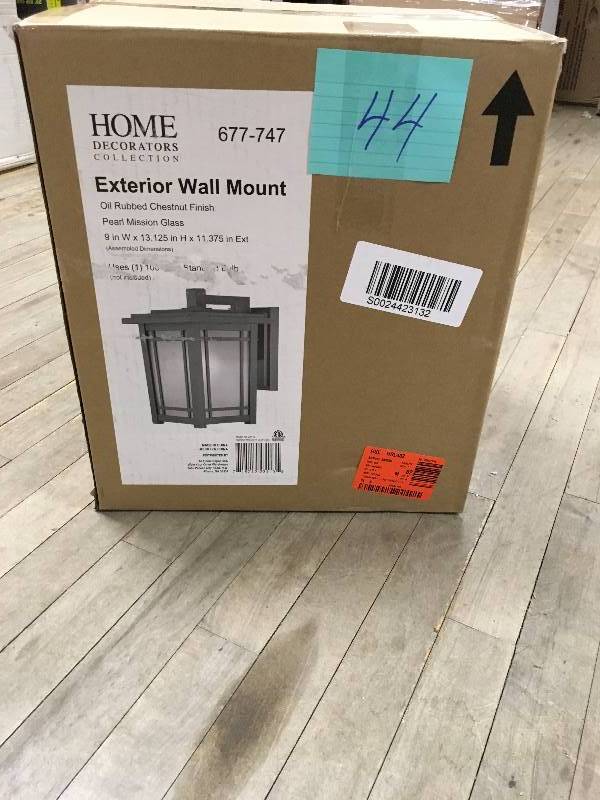 lot 44 image: Home Decorators Collection Port Oxford 1-Light Oil Rubbed Chestnut Outdoor Wall Mount Lantern open box not used