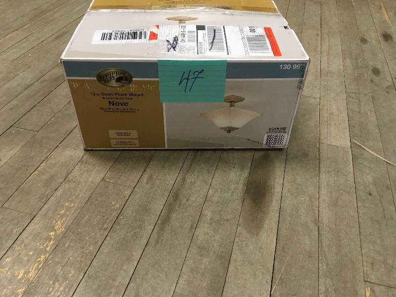 lot 47 image: Hampton Bay Nove 13 in. 2-Light Brushed Nickel  Square Semi-Flushmount with White Glass Shade open box not used