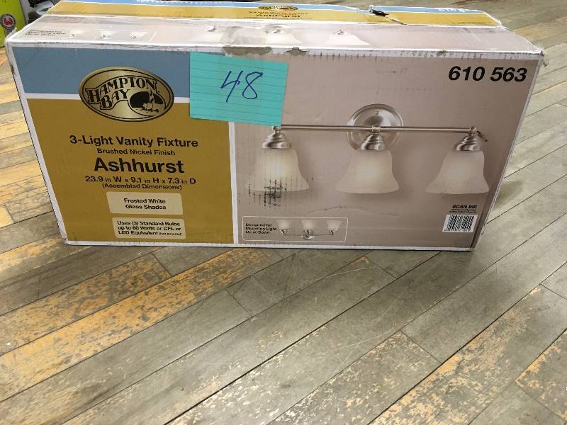 lot 48 image: Hampton Bay 3-Light Brushed Nickel Vanity Light with Frosted Glass Shades open box not used
