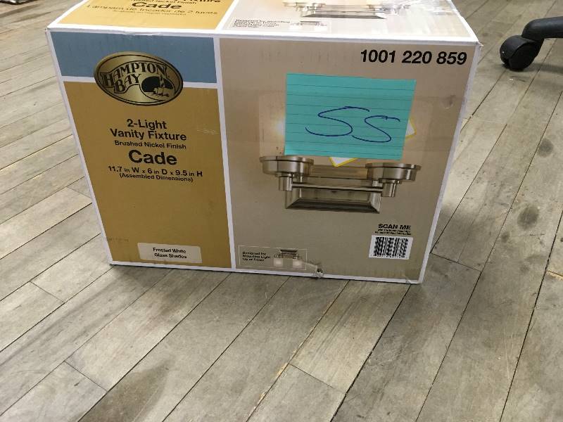 lot 55 image: Hampton Bay Cade 2 Light Brushed Nickel Vanity Light with Frosted Glass Shades open box not used