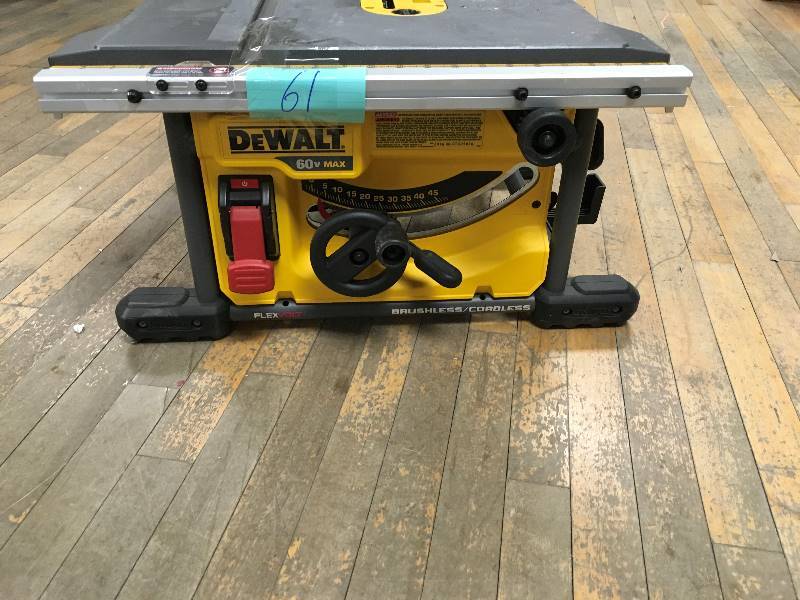lot 61 image: DeWalt Flexvolt 60-Volt MAX Lithium-Ion Cordless Brushless 8-14 in. Table Saw used missing guard in working condition