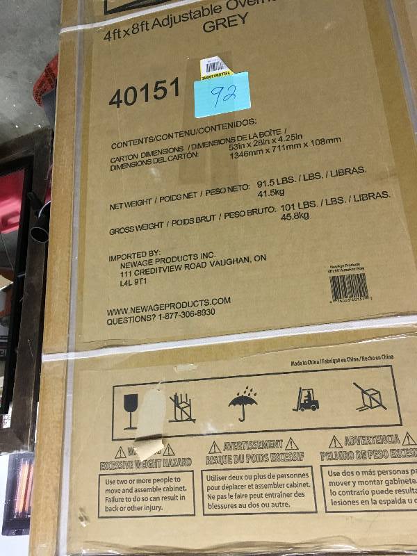 lot 92 image: NewAge Products Prefomance 96 in. L x 48 in. W x 42 in. H Adjustable Versarac Ceiling Storage Rack in Gray open box not used