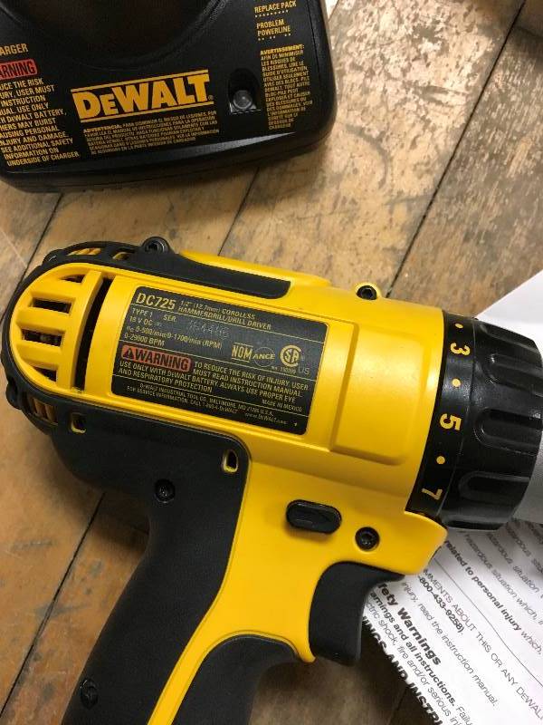 lot 93 image: DeWalt 18-Volt NiCd Cordless 12 in. Compact Hammer Drill with 2 Batteries , Charger and Contractor Bag open box not used