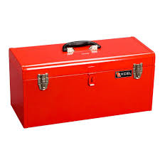 lot 88 image: Excel 20 in. W x 8.6 D x 9.6 in. H Portable Steel Tool Box with Steel Tray , Red open box not used