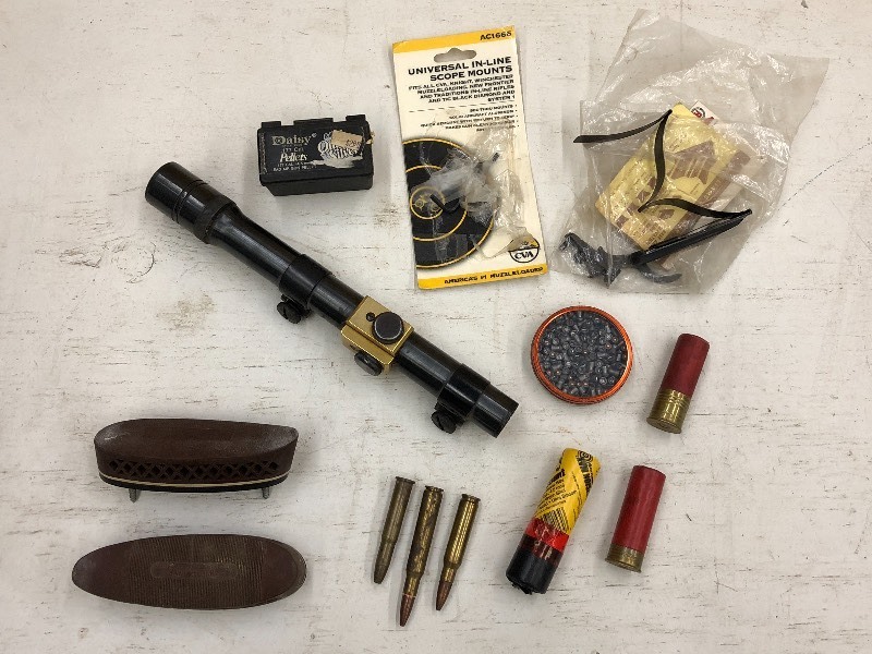 lot 32 image: Box Of Assorted Butt Pads, Scope, ...