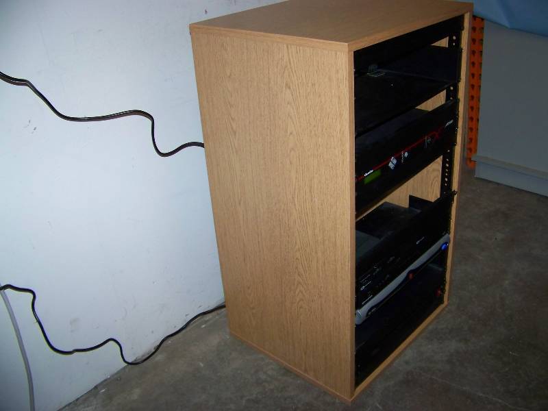 lot 86 image: Wood Encased, Audio  Video Equipment  Component Rack with various Components and Shelves included