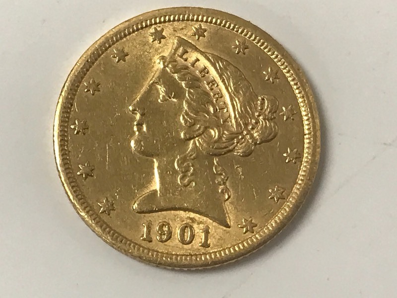 lot 1 image: 1901 Half Eagle $5 Gold Coin, Act...