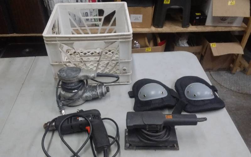 Porter Cable Orbital Sander, Black & Decker Finishing Sander, Black & Decker 38 Drill, Pair Knee Pads & Milk Crate