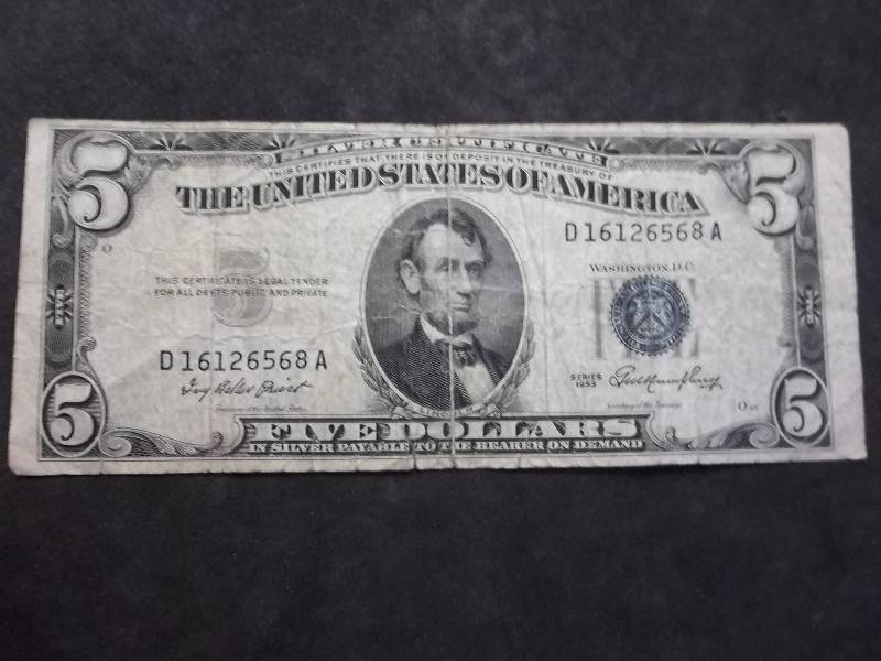 5 Dollar US Silver Certificate Series 1953 Blue Seal