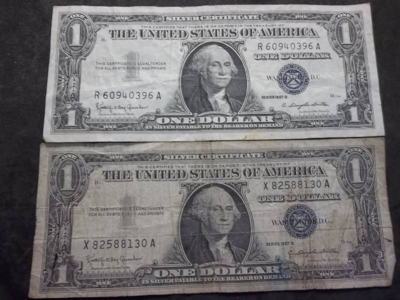 2 US One Dollar Silver Certificates 1957B Series