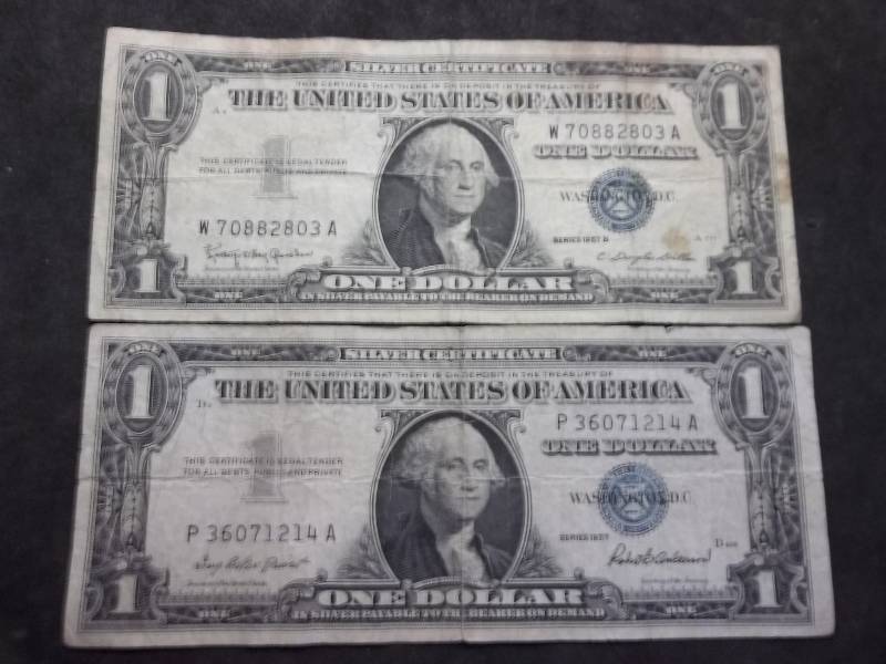 2 US One Dollar Silver Certificates 1957 & 1957B Series