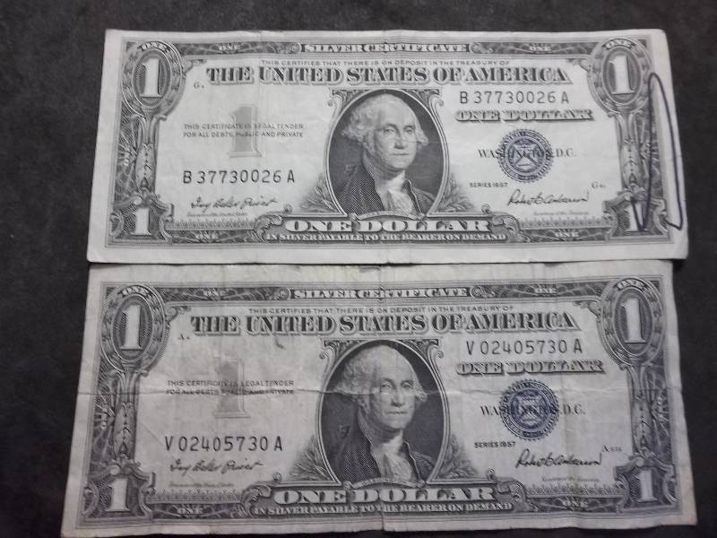 2 US One Dollar Silver Certificates 1957 Series