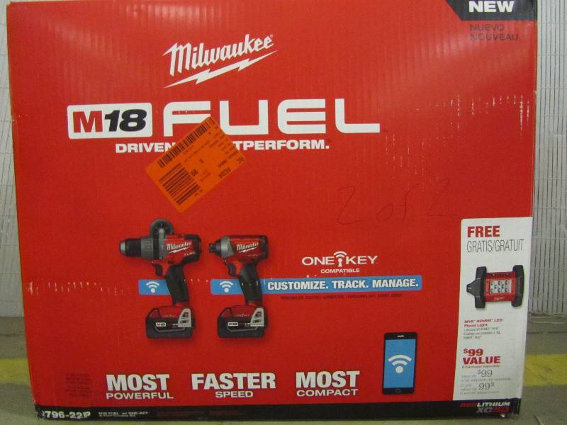lot 11 image: Milwaukee M18 FUEL 18-Volt ONE-KEY Lithium-Ion Brushless Cordless DrillDriverLight Combo Kit (3-Tool) w(2) 5.0Ah Batteries, Bag