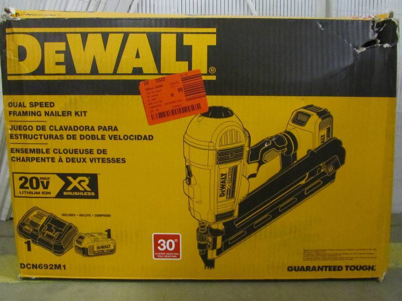 lot 14 image: DEWALT  20-Volt MAX XR Lithium-Ion Cordless Brushless 2-Speed 33-Degree Framing Nailer with Battery 4Ah, Charger