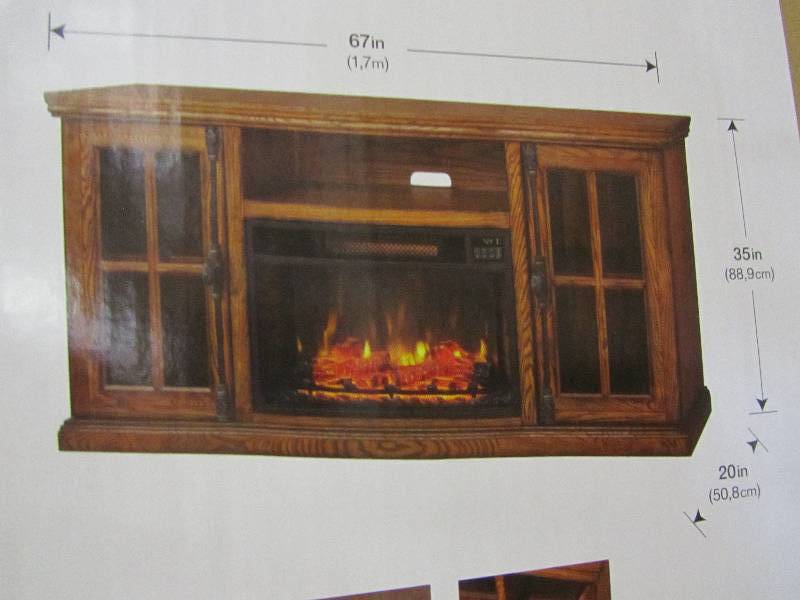 lot 91 image: Home Decorators Collection Manor Place 67 in. TV Stand w Bluetooth Electric Fireplace in Oak