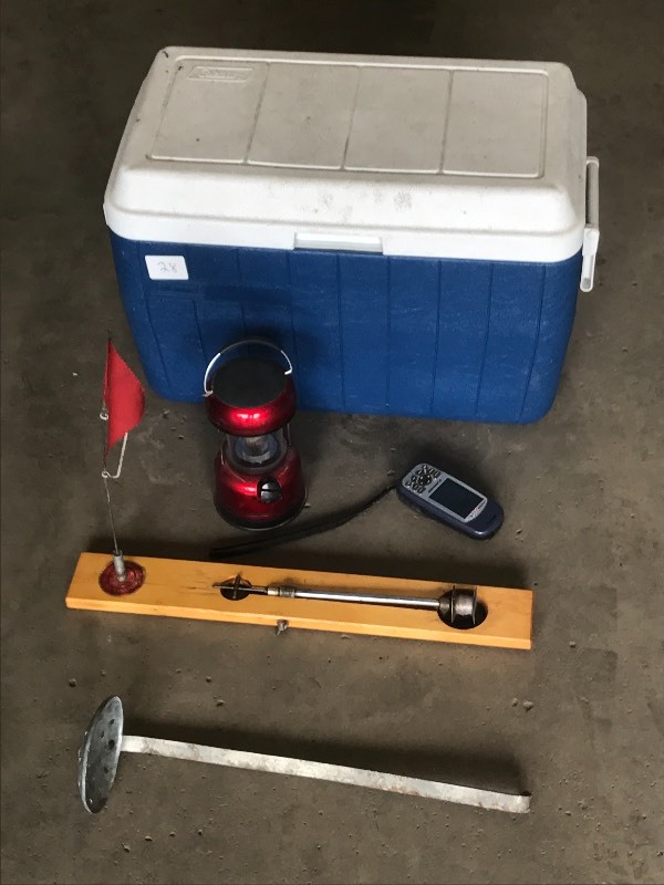 lot 28 image: Cooler, GPS, Lantern, Tip-Up, Ice Scoop