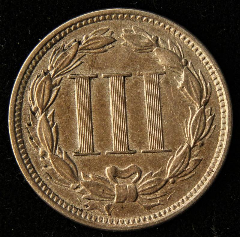 1865 US THREE CENT NICKEL AU