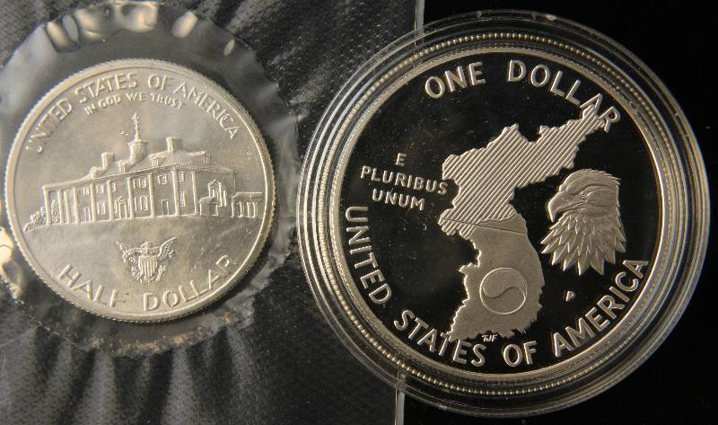 2 US SILVER COMMEMORATIVES 1991 KOREAN DOLLAR, 1982 WASHINGTON 50C