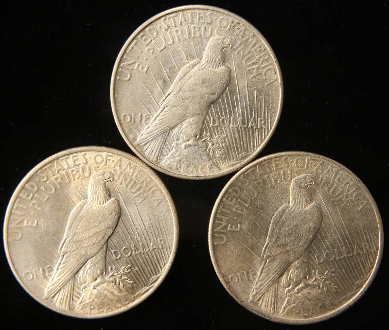 3 SILVER PEACE DOLLARS 1922, 1924, 1925 AU-BU