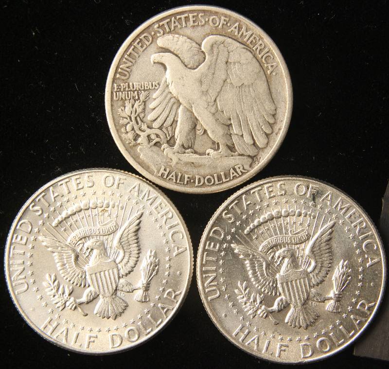 3 SILVER HALF DOLLARS 1943, 1964 X2