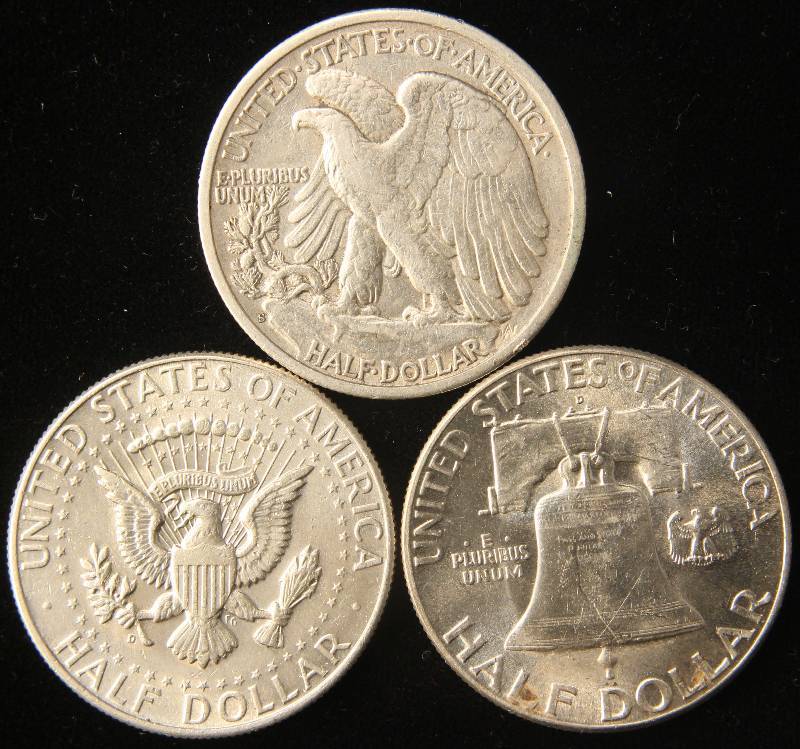 3 SILVER HALF DOLLARS 1945-S, 1948-D, 1964-D AU-UNC
