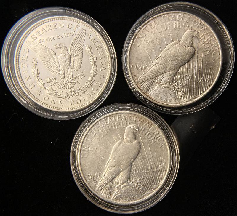 3 SILVER DOLLARS 1921, 1922-D, 1924 AU-UNC IN AIRTITES