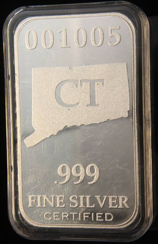 1 TROY OZ. .999 FINE SILVER BAR US STATE SILVER CT IN AIRTITE