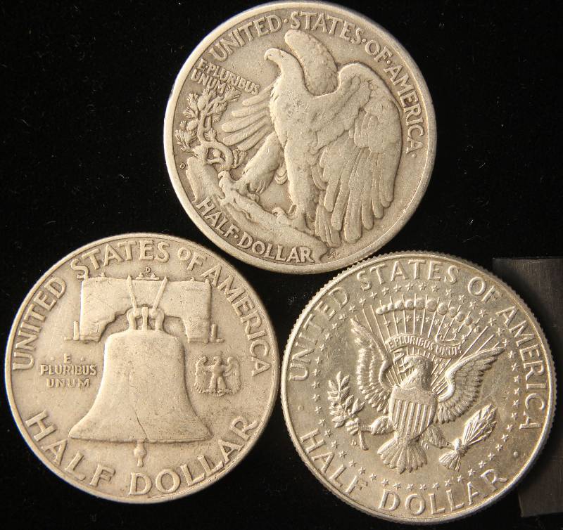 3 SILVER HALF DOLLARS 1945-D, 1959-D, 1964 VF-AU