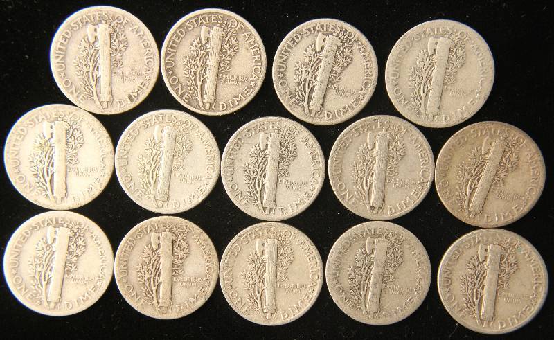 GROUP OF 14 US MERCURY SILVER DIMES