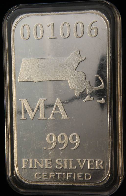1 TROY OZ. .999 FINE SILVER BAR US STATE SILVER MA IN AIRTITE