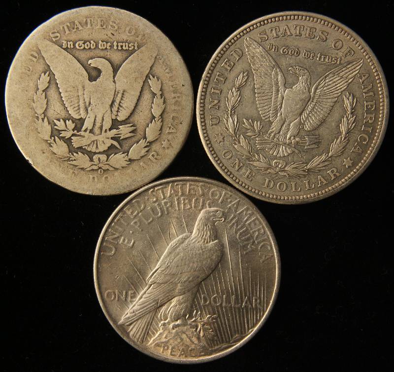 3 SILVER DOLLARS 1890-O, 1921, 1922