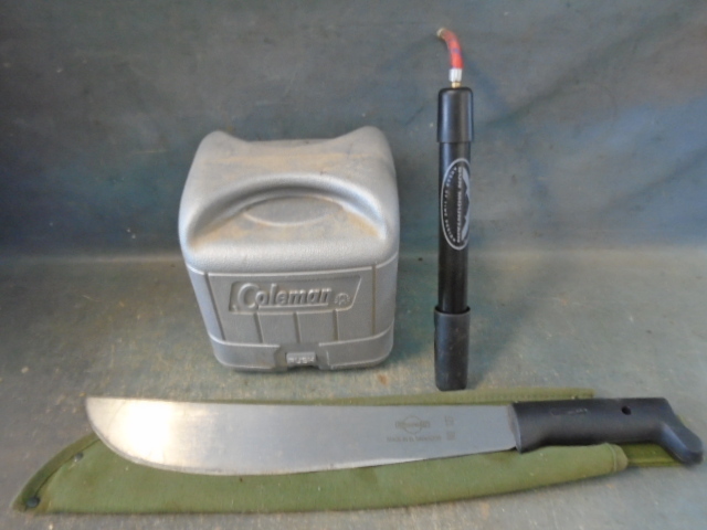 lot 21 image: Camp Stove, Machete and Bicyle Pump
