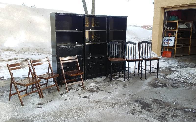 3 Shelf Units, 3 Wood Folding Chairs, 3-Counter Height Chairs (Wood)