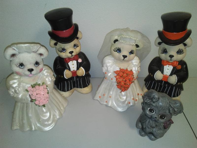 5 Hand Painted Wedding Bear ceramics. Local Artist