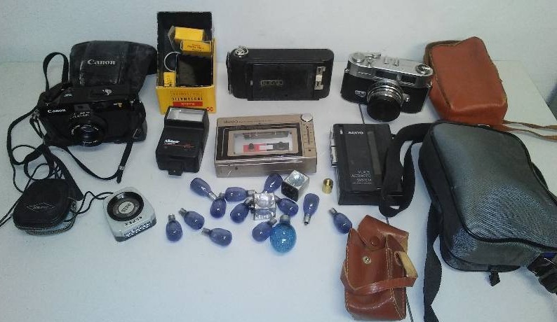 Vintage Camera lot with misc. electronics, Cannon A35F, Kodak NOS. 1 (manufactured Between 1926-1932)