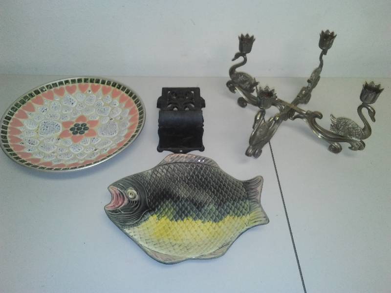 Vintage Dcor, Candle Holders , cast wooden match holder, dcor plates