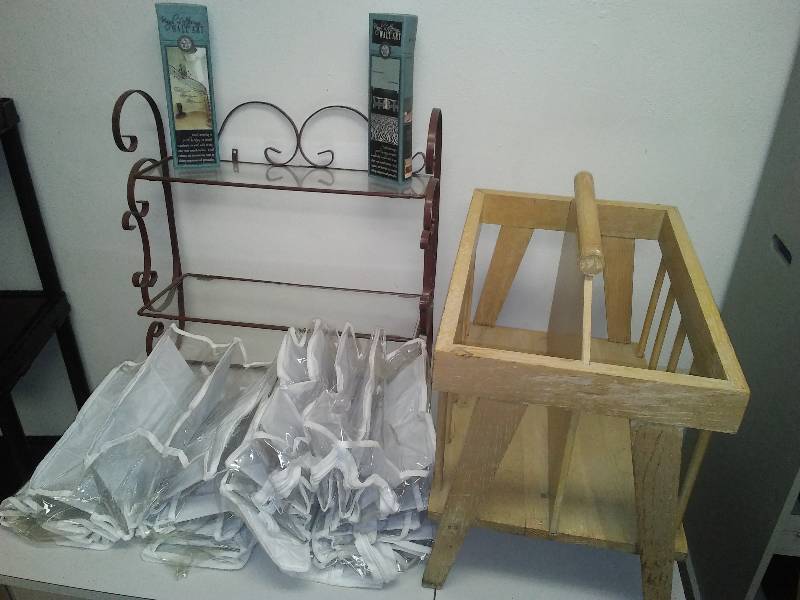 Mid-Century Modern, Table, metal and glass shelf, hanging organizer (2) New in box wall art