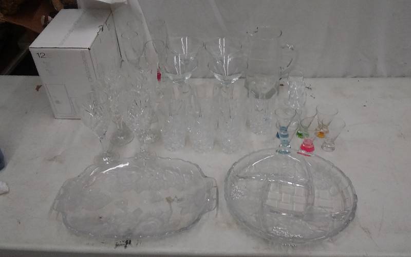 lot 15 image: Lot Of Crystal Platters, Goblets, Martini Glasses, Pitcher & Colorful Shooters