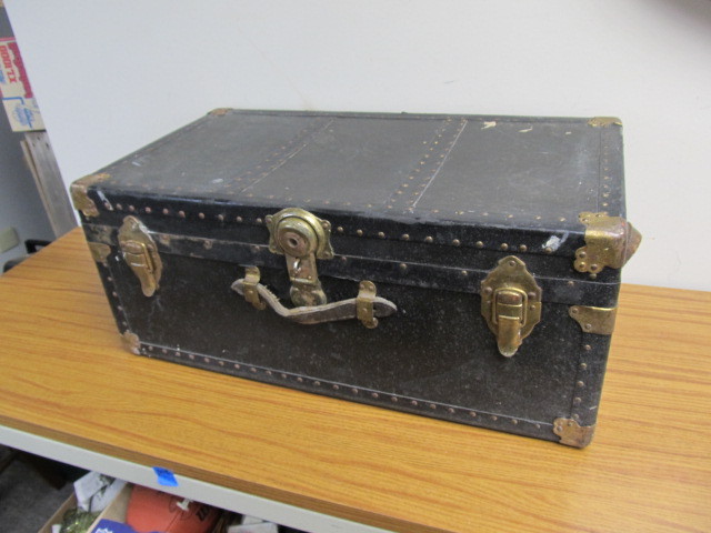 lot 133 image: Antique Black Studded Trunk wBrass Hardware